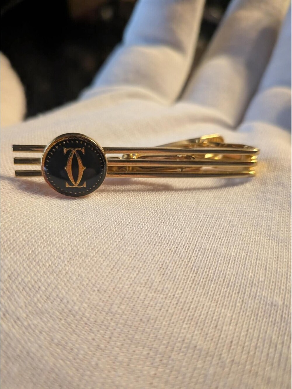 Cartier Black Gold Double C Logo Tie Clip Tie Bar Vintage Men's Accessory